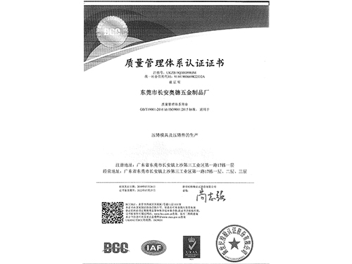 ISO9001：2015质量管理体系认证证书中文版